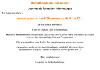 FORMATION INFORMATIQUE MEDIATHEQUE DE PUISSALICON LUNDI 26 NOVEMBRE 9H 12H