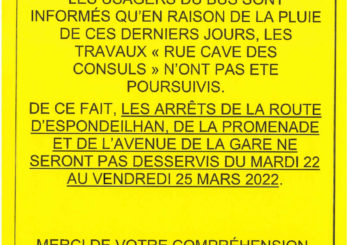 USAGERS DU BUS.  PROLONGATION DES TRAVAUX RUE CAVE DES CONSULS