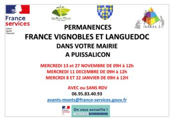 Prochaine permanence France Vignobles et Languedoc mercredi 27 novembre 2024 de 09H00 à 12H00