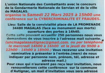 Conférence sur la cybercriminalité et fraudes à Magalas le samedi 22 mars 2025 à 15H00.