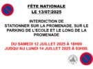 Interdiction de stationner rue de la Promenade, changement des arrêts de bus, et interdiction de circuler et de stationner chemin du Sabalou, à l’occasion de la Fête Nationale le dimanche 13 juillet 2025.