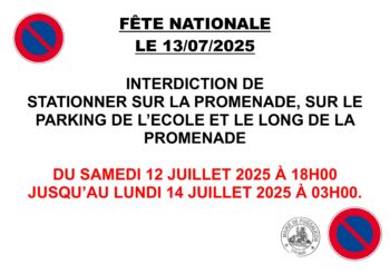 Interdiction de stationner rue de la Promenade, changement des arrêts de bus, et interdiction de circuler et de stationner chemin du Sabalou, à l’occasion de la Fête Nationale le dimanche 13 juillet 2025.