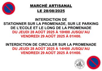 Interdiction de circuler et de stationner « rue de la Promenade » et changement des arrêts de bus à l’occasion du marché artisanal le jeudi 28 août 2025.