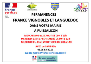 Prochaines permanences France Vignobles et Languedoc les mercredis 06 et 20 août 2025 de 09H00 à 12H00.