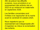 Rentrée scolaire de septembre 2026 – recensement des enfants nés en 2023.