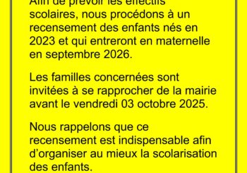 Rentrée scolaire de septembre 2026 – recensement des enfants nés en 2023.