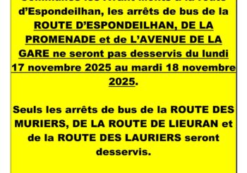 Changement des arrêts de bus en raison des travaux de la régie eau et assainissement de la Communauté de Communes Les Avant-Monts à la route d’Espondeilhan, du lundi 17 novembre 2025 au mardi 18 novembre 2025.