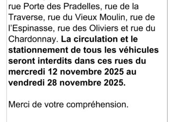 Information travaux réfection de voirie et d’aménagement de trottoir rue Porte des Pradelles, rue de la Traverse, rue du Vieux Moulin, rue de l’Espinasse, rue des Oliviers et rue du Chardonnay, du mercredi 12 novembre 2025 au vendredi 28 novembre 2025.