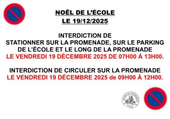 Interdiction de circuler et de stationner rue de la Promenade et changement des arrêts de bus à l’occasion du Noël de l’école le vendredi 19 décembre 2025.