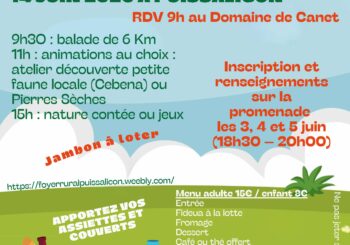 Foyer Rural de Puissalicon – balade gourmande le dimanche 14 juin 2026. Inscriptions les 3, 4 et 5 juin de 18h30 à 20h sur la Promenade.