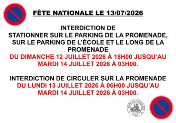 Interdiction de circuler et de stationner rue de la Promenade et changement des arrêts de bus à l’occasion de la Fête Nationale le lundi 13 juillet 2026.