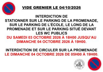 Interdiction de circuler et de stationner rue de la Promenade et changement des arrêts de bus à l’occasion du vide grenier le dimanche 4 octobre 2026.