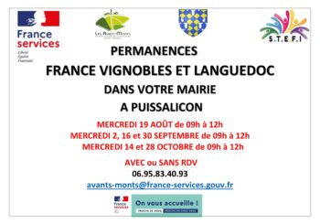 Prochaine permanence France Vignobles et Languedoc le mercredi 16 septembre 2026 de 09h à 12h.